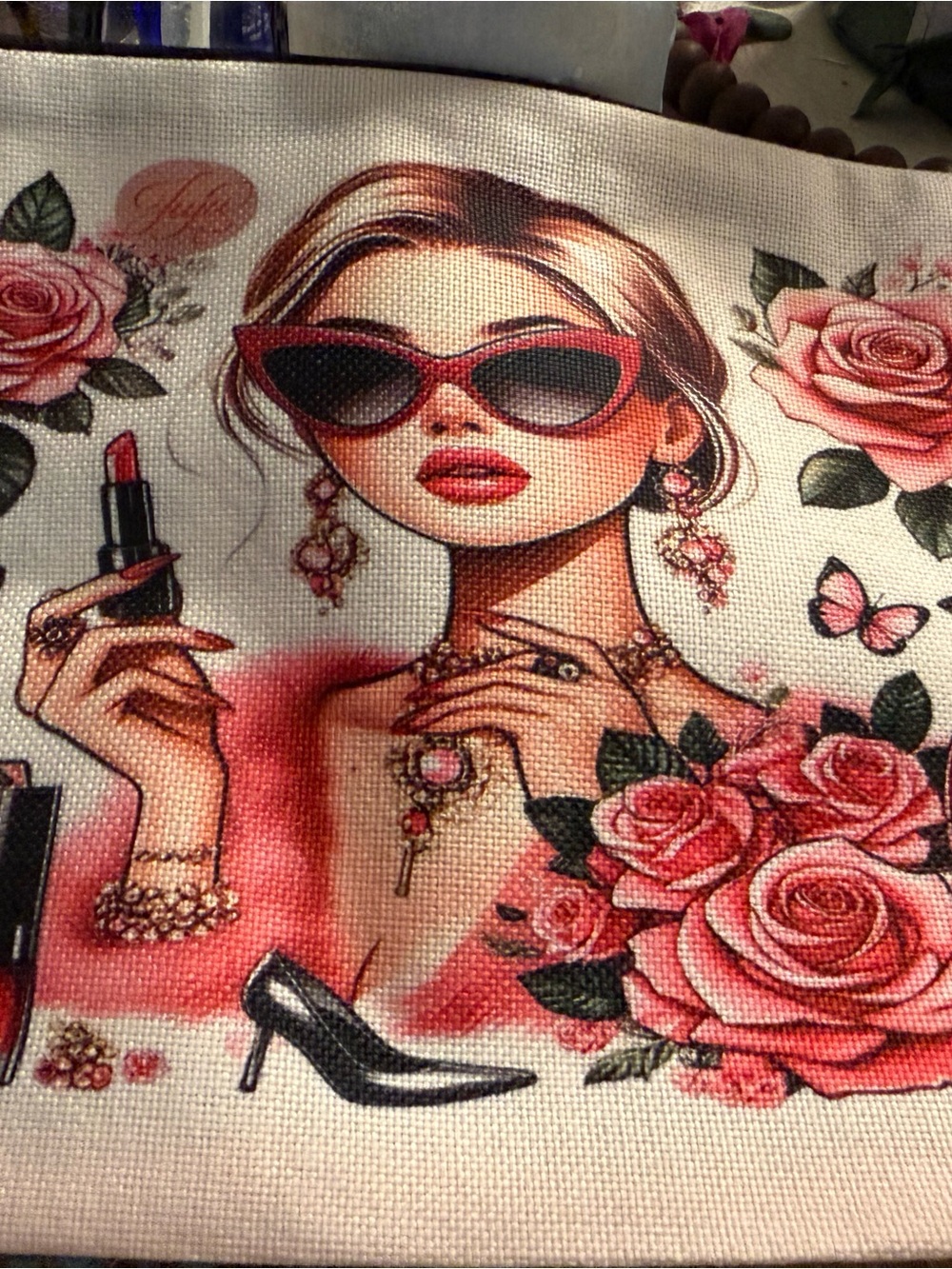 Stylish Pink Floral Cosmetic Bag with Glam Illustration